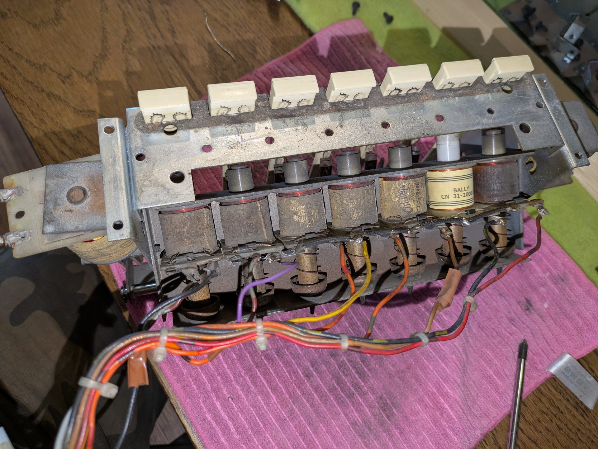 The 7-bank drop target assembly before cleaning and re-galvanizing