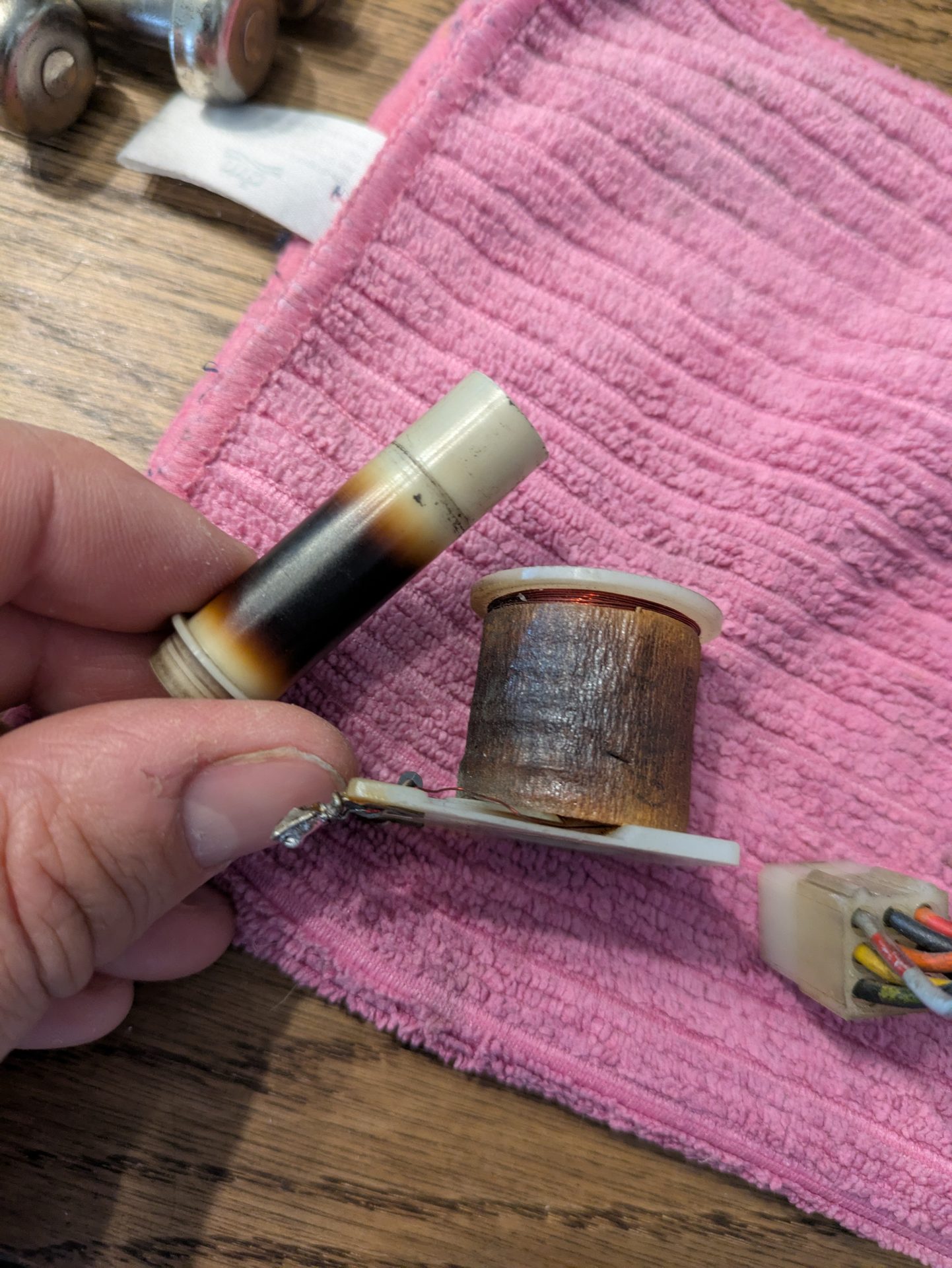 Burned-out coil from the 7-bank drop target assembly